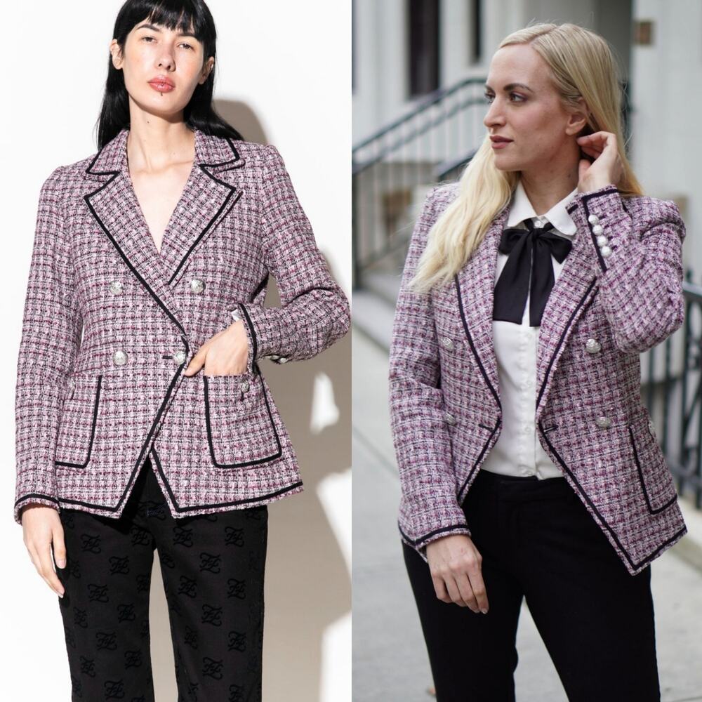 Veronica Beard Pink Tweed Double-Breasted Blazer with Black Trim
